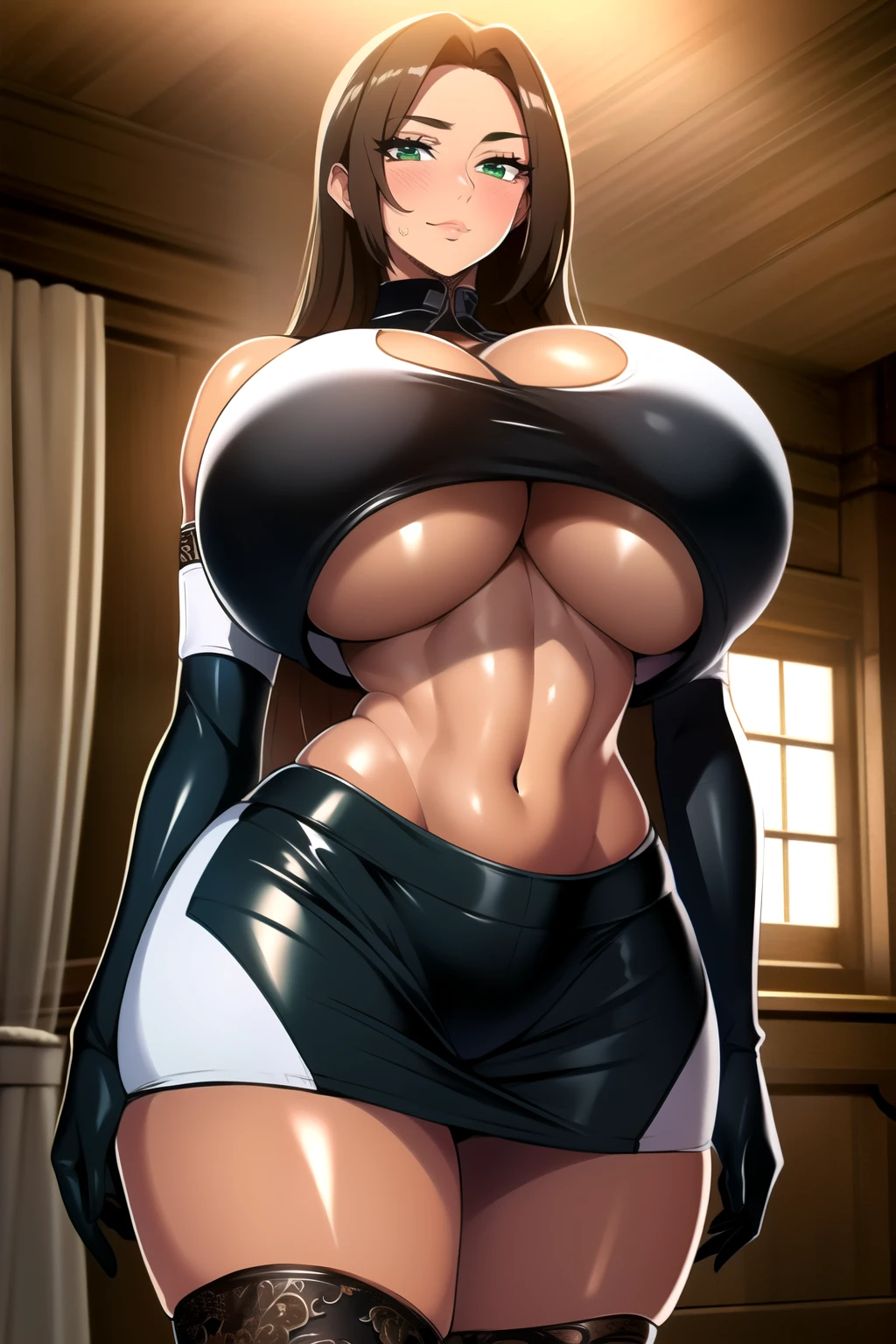ultra realistic 8k cg, masterpiece, ((ultra detailed background, intricate detail, highly detailed, fine details best quality, hyperdetailed face)), gigantic breasts ,beautiful lighting, absurdres, BoaHancockV2, 1girl, solo, brown hair, long hair, jewelry, closed mouth, ), cleavage, (black crop top : 1.1), (underboob : 1.4), elbow gloves, thigh boots, miniskirt, bare shoulders,, bare shoulders, curvy, midriff, curvy, thighs, shiny clothes), green eyes, complex detailed background, indoor, palace), ((cowboy shot)), curvy, (gigantic breasts: 1.4), seductive smile, cowboy shot, (tan skin :1.1) (tan face:1.1)