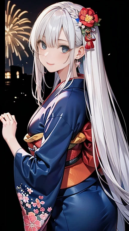 ((highest quality)), ((masterpiece)), (Very detailed), (Very high resolution), 4k, Anime 2D Rendering, Realistic,
One Girl:1.5,
BREAK Symmetrical Face:1.4, Perfect Face, Beautiful clavicle, Beautiful fingers, Beautiful breasts, (Slightly smaller chest),
Beautiful body, Beautiful thighs, Beautiful feet, Perfect round butt, (Detailed skin), Beautiful white skin:1.5, Shiny skin:1.4,
BREAK Baby Face, cute, 18-year-old,
Double eyelids, Natural eyebrows,
(Slanted Eyes), Beautiful and delicate eyes, Sparkling eyes, (Dark blue eyes),
Glossy mouth,
BREAK Beautiful Hair, Shiny Hair, Hair fluttering, bangs, (Silver Hair), ((Straight Long Hair:1.5)),
BREAK
(kimono:1.2、Dark blue kimono、Flower pattern kimono:1.4)、
Earrings、Silver Necklace、
BREAK
(Embarrassed), Cowboy Shot, turn around, Fireworks