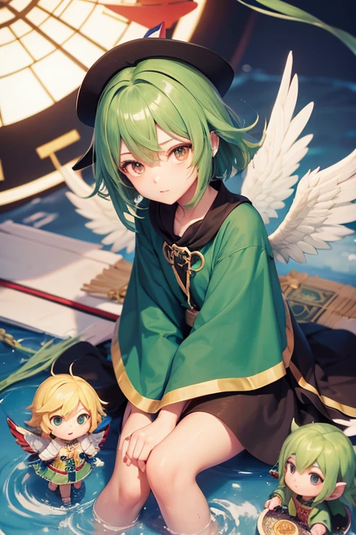 (GUMI: 0.8), stocky, anime, (Tengu: 0.8), messy short hair, fortune teller, green hair, Angelic French doll, Priest, poncho, Gospel, to face a headwind, Messiah, friendly, cold, (resistance: 0.8), Yu-Gi-Oh
