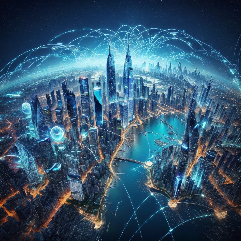 a city with many connected lines and a network of buildings, conectividade, Cidade do Futuro, tecnologia do futuro, tech city in the background, mundo digital, imerso em uma rede, por Daniel Schultz, tecnologia do futuronology, foto de paisagem urbana futurista, beautiful Cidade do Futuro, foto detalhada do mundo virtual, tirada em 2 0 2 0, por Drew Tucker
