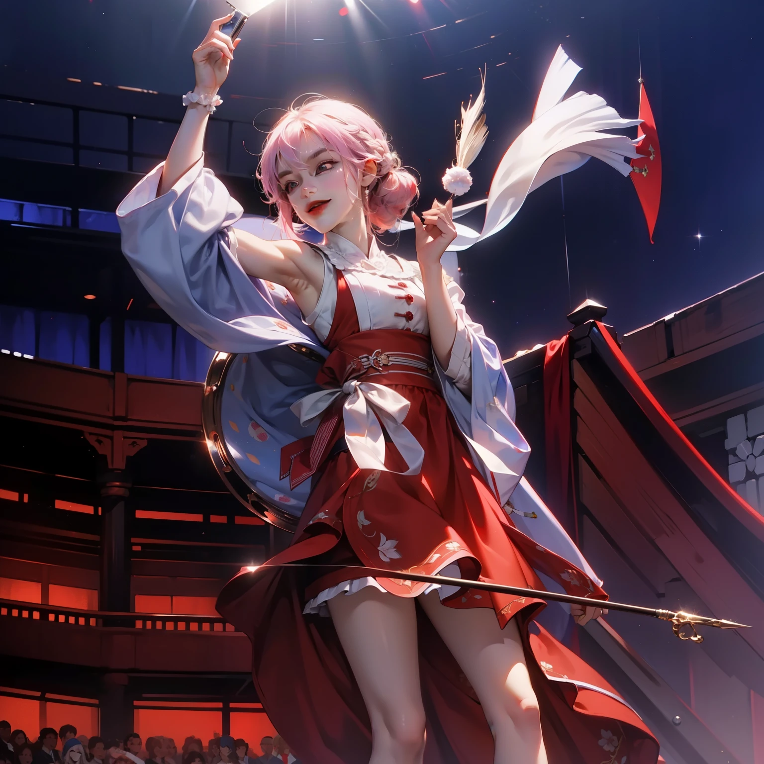(masterpiece, best quality:1.2), Cowboy shooting, Solitary, 1 Girl, Ayanokouji Rem, Smile, Looking at the audience, Long sleeve, Capulet, Red Skirt, High Leg Raise