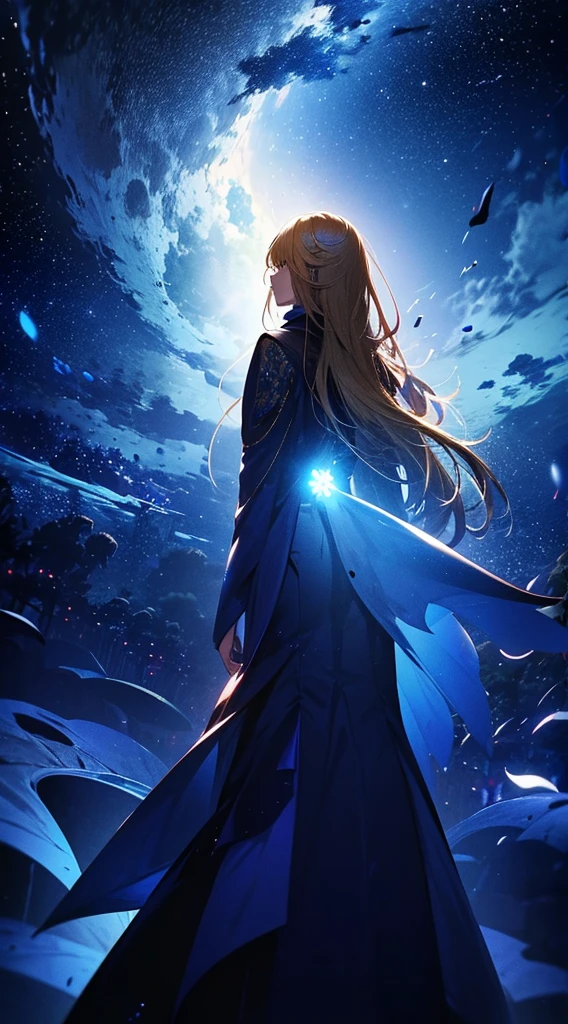 １people々々々々,Blonde long-haired woman，Blue long coat， Dress Silhouette， Rear View，Space Sky, Flower Field，Colorful flowers