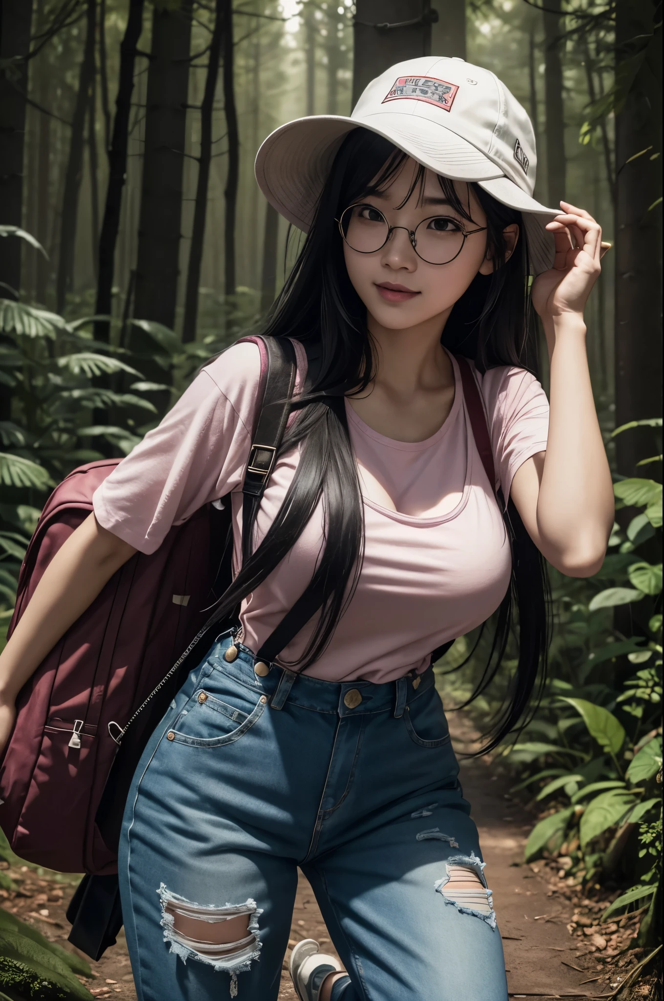 8k,Photorealistic RAW photos of the highest quality。so beautiful(Like the real thing顔) Bright colors、Image of a perfect woman,Art Station Trends、masterpiece、8k resolution、Character Art,Ultra-high resolution,,Mr..々Pause,charm,sexy,Rich colors, Backlight, Film Grain, to be born, 50mm lens, Nikon D850,compensate,Ultra-Realistic Skin,Rich colors, Backlight, Cinema Lighting, Film Grain, to be born, 50mm lens, Nikon D850,In a super realistic forest,Very large breastsの,so beautiful(Like the real thing),Ultra-high resolution,Like the real thing見える肌,Horror movie shot of spooky,Very long black hair, Sadako,so beautiful(Like the real thing),Three-part method, Tone color scheme, mystery, Horror, spooky, spooky, Denis Villeneuve style, Movie stills, Cinestill 800,Fantasy art,Character Art,sexyな,Scary Form,Grudge,dissatisfaction,Very large breasts,smile,Round Glasses,Pink T-shirt,Overalls,sneakers,hat(Wear backwards),Makeup,rucksack,
