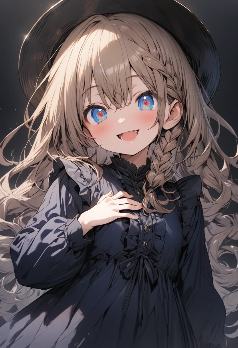 masterpiece, best quality, extremely detailed, high resolution, cowboy shot , ((no hat:1.3)), Japanese anime,1girl, brown hair, (medium length hair:1.3), side braid hair, wavy hair, blue eyes, blank eyes, (tareme, eyes became clear), (beautiful detailed eyes:1.2), laugh, 13 -year-old , 155cm tall, original character, fantasy, (black background:1.2), beautiful fingers, hand on own chest, (darkblue frill Shirt dress:1.2), darkblue Pork Pie Hat, shoot from front, looking at viewer
