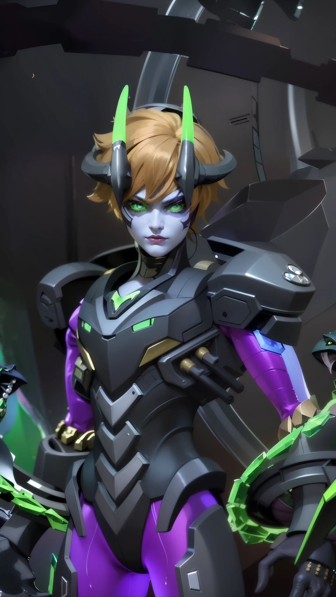 a close up of a person in a purple and green outfit, Masterpiece, ultra HD, detailed all picture, a close up of a devil, dyrroth from mobile legend, evil, extremely detailed artgerm, mobile legends character, inspired by Dyrroth, Six pack chest and abs, black jewel above the chest, light green eyes, glare.