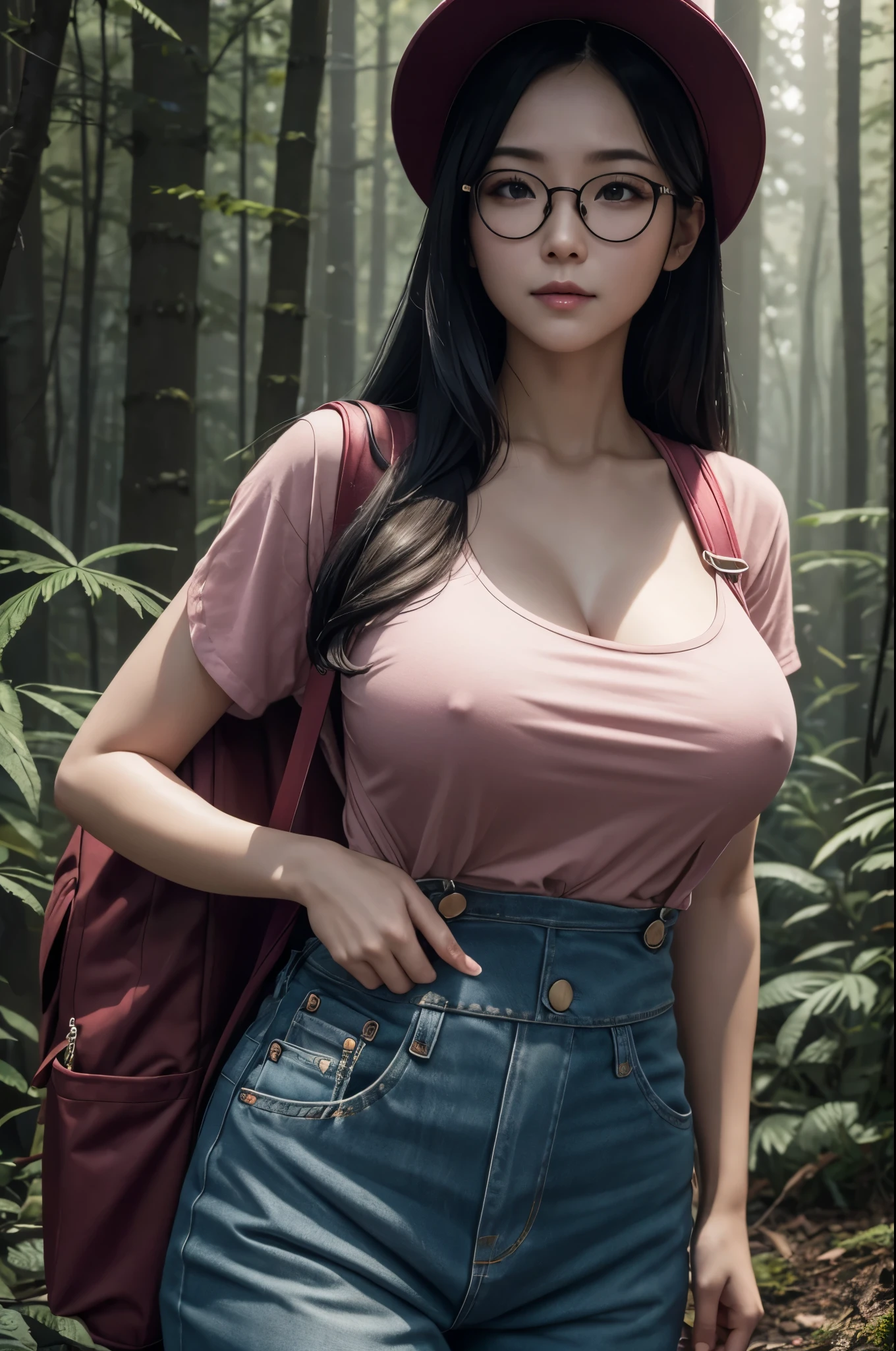 8k,Photorealistic RAW photos of the highest quality。so beautiful(Like the real thing顔) Bright colors、Image of a perfect woman,Art Station Trends、masterpiece、8k resolution、Character Art,Ultra-high resolution,,Mr..々Pause,charm,sexy,Rich colors, Backlight, Film Grain, to be born, 50mm lens, Nikon D850,compensate,Ultra-Realistic Skin,Rich colors, Backlight, Cinema Lighting, Film Grain, to be born, 50mm lens, Nikon D850,In a super realistic forest,Very large breastsの,so beautiful(Like the real thing),Ultra-high resolution,Like the real thing見える肌,Horror movie shot of spooky,Very long black hair, Sadako,so beautiful(Like the real thing),Three-part method, Tone color scheme, mystery, Horror, spooky, spooky, Denis Villeneuve style, Movie stills, Cinestill 800,Fantasy art,Character Art,sexyな,Scary Form,Grudge,dissatisfaction,Very large breasts,smile,Round Glasses,Pink T-shirt,Overalls,sneakers,hat(Wear backwards),Makeup,rucksack,