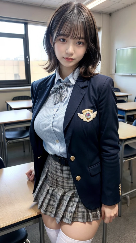 muste piece, best quality, illustration, Super detailed, fine details, High resolution, 8K,wall paper, perfect dynamic composition,(Details High quality, realistic depiction of eyes:1.3), jumping, High School Classroom、High school girl uniform、blazer 、Super Short Check Uniform Skirt、Navy blue high socks、garterbelts、Colossal tits、Disturbed uniform, short hair, (wavy hair:1.2), short bob hair, black hair color, large breasts, Big Natural Color Lip, perfect body shape, crying a little、cold gaze, Harajuku style、20 year old girl、cute type, beautiful legs,Gravure Idol, Voluptuous thighs
