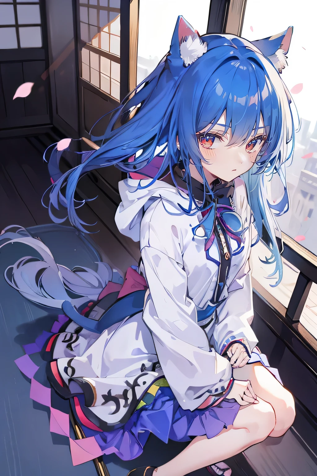 (masterpiece:1.2),Super detailed,lifelike,Expressive eyes,fair skin,perfect face shape,1 girl,
Japanese comics,Gorgeous blue hair,flowing blue hair,flowing clothes,Cat ears,Petals fall,beautiful lola,Baby Angel,
Shaking head with one hand,Cross your legs,Gentle and peaceful background,The pavilion is cool and comfortable,smile, wearing hoodie, background of tokyo,back views,snowing, winter.