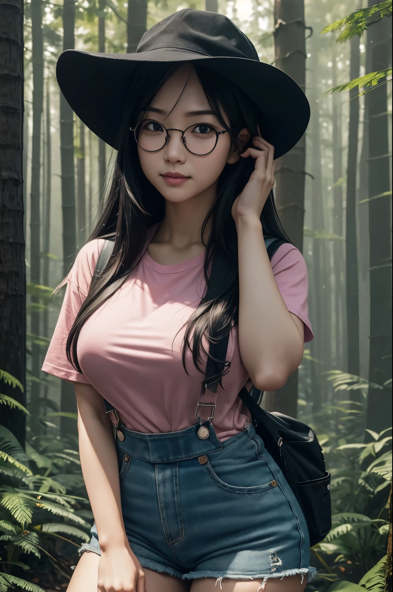 8k,Photorealistic RAW photos of the highest quality。so beautiful(Like the real thing顔) Bright colors、Image of a perfect woman,Art Station Trends、masterpiece、8k resolution、Character Art,Ultra-high resolution,,Mr..々Pause,charm,sexy,Rich colors, Backlight, Film Grain, to be born, 50mm lens, Nikon D850,compensate,Ultra-Realistic Skin,Rich colors, Backlight, Cinema Lighting, Film Grain, to be born, 50mm lens, Nikon D850,In a super realistic forest,Very large breastsの,so beautiful(Like the real thing),Ultra-high resolution,Like the real thing見える肌,Horror movie shot of spooky,Very long black hair, Sadako,so beautiful(Like the real thing),Three-part method, Tone color scheme, mystery, Horror, spooky, Denis Villeneuve style, Movie stills, Cinestill 800,Fantasy art,Character Art,sexyな,Scary Form,Grudge,dissatisfaction,Very large breasts,smile,Round Glasses,sexyなスポーツブラ,Shorts,sneakers,Makeup,rucksack,Mountainous Regions,Climb the cliff,Showing off her big cleavage,climbing,