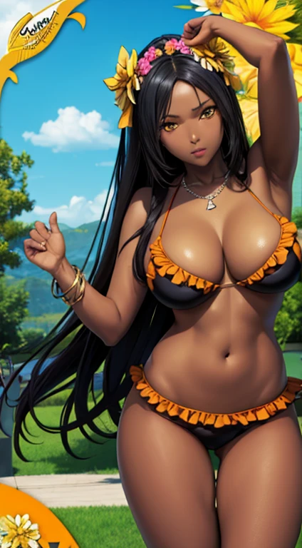 (masterpiece), best quality, expressive eyes, perfect face,black ebony skin,half naked, clothes((frilly, bikini, yellow bumblebee)),full body , standing, arms up, hands up, perfect shaped body,long hair, black hair, orange eyes,big sized breast, black skin, ultra realistic detailed orange eyes, long and open hair, looking at camera, innocent eyes, garden background, innocent face, very cute anime girl face, black skin anime girl, flower necklace on her head, wearing flower bracelets on her hand, thigh