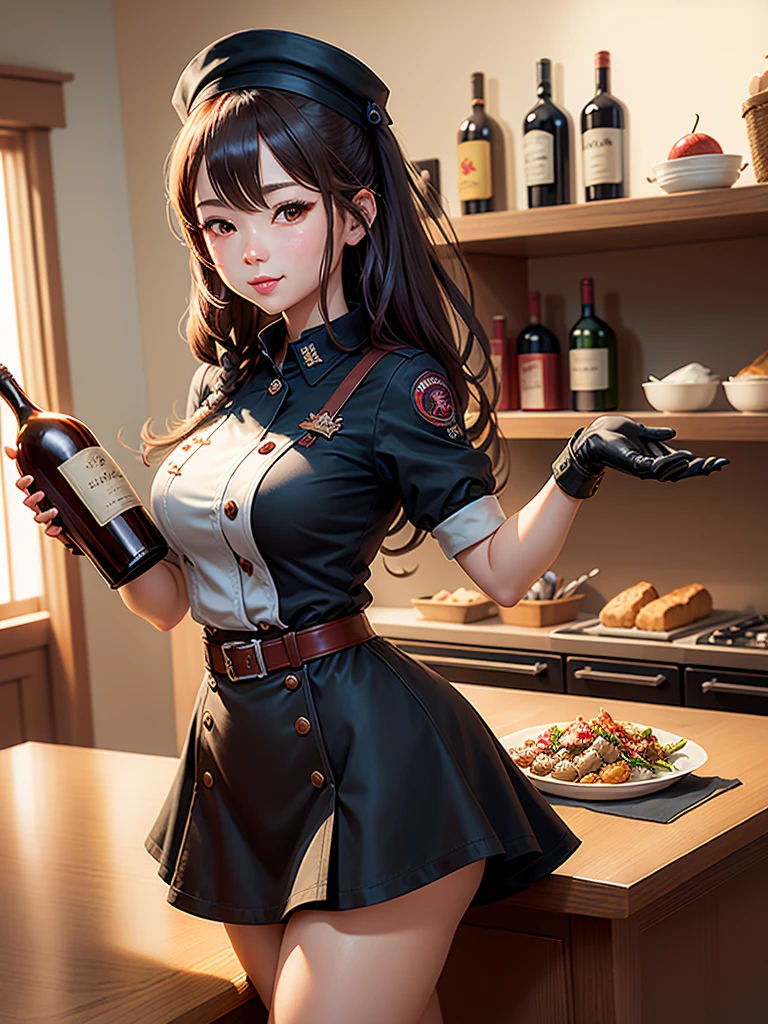  Cartoon holding a bottle of wine in the kitchen, Fine details. 前线girl, de 前线girl, Frontline style girl, Frontline Girl CG, 前线girl, Cosmic Girls Frontline, ( Waitress ) girl, Wearing RR Diner , Official Art, Official Art, ❤🔥🍄🌪, Official Art altamente detalhada, Official Art do personagem, girl misteriosa da cafeteria ( Long hair)  ( Five finger hand ) (Perfect hands )