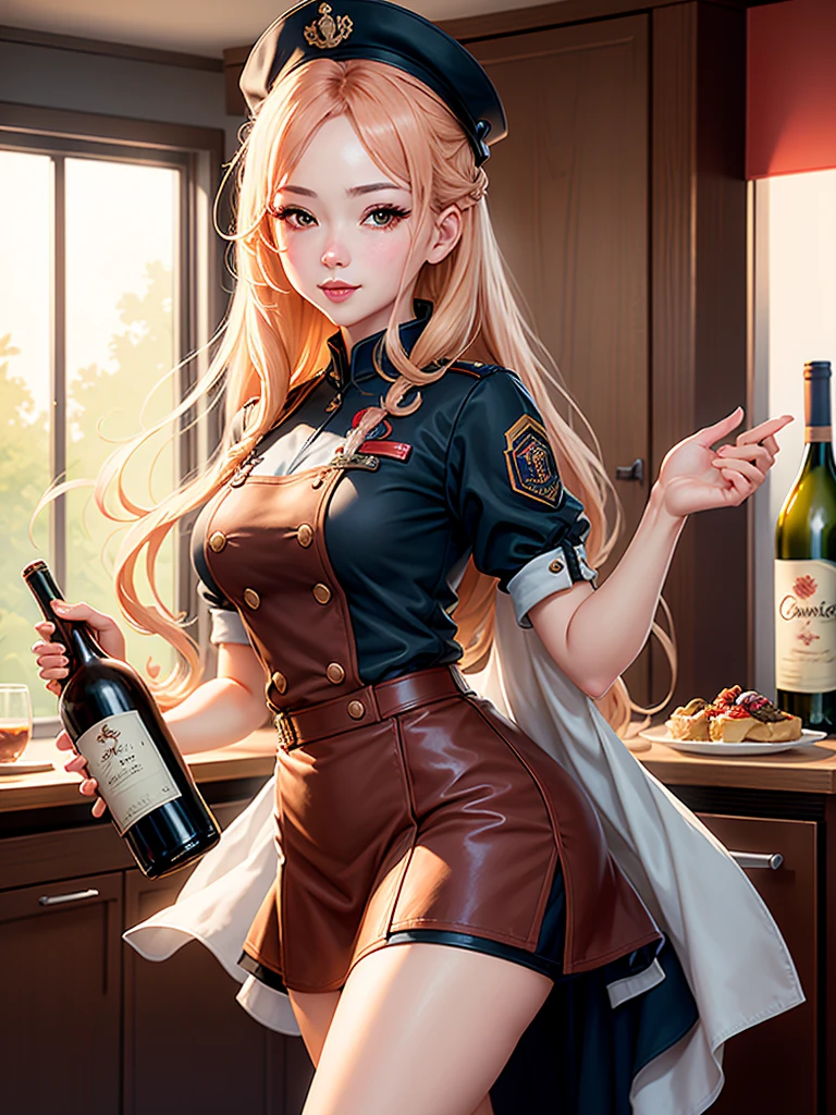  Cartoon holding a bottle of wine in the kitchen, Fine details. 前线girl, de 前线girl, Frontline style girl, Frontline Girl CG, 前线girl, Cosmic Girls Frontline, ( Waitress ) girl, Wearing RR Diner , Official Art, Official Art, ❤🔥🍄🌪, Official Art altamente detalhada, Official Art do personagem, girl misteriosa da cafeteria ( Long hair)  ( Five finger hand ) (Perfect hands )