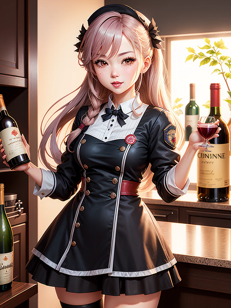  Cartoon holding a bottle of wine in the kitchen, Fine details. 前线girl, de 前线girl, Frontline style girl, Frontline Girl CG, 前线girl, Cosmic Girls Frontline, ( Waitress ) girl, Wearing RR Diner , Official Art, Official Art, ❤🔥🍄🌪, Official Art altamente detalhada, Official Art do personagem, girl misteriosa da cafeteria ( Long hair)  ( Five finger hand ) (Perfect hands )