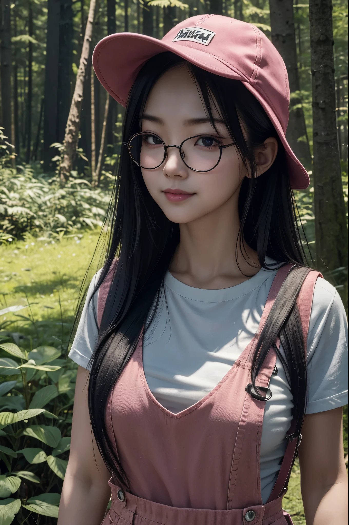 8k,Photorealistic RAW photos of the highest quality。so beautiful(Like the real thing顔) Bright colors、Image of a perfect woman,Art Station Trends、masterpiece、8k resolution、Character Art,Ultra-high resolution,,Mr..々Pause,charm,sexy,Rich colors, Backlight, Film Grain, to be born, 50mm lens, Nikon D850,compensate,Ultra-Realistic Skin,Rich colors, Backlight, Cinema Lighting, Film Grain, to be born, 50mm lens, Nikon D850,In a super realistic forest,Very large breastsの,so beautiful(Like the real thing),Ultra-high resolution,Like the real thing見える肌,Horror movie shot of spooky,Very long black hair, Sadako,so beautiful(Like the real thing),Three-part method, Tone color scheme, mystery, Horror, spooky, Denis Villeneuve style, Movie stills, Cinestill 800,Fantasy art,Character Art,sexyな,Scary Form,Grudge,dissatisfaction,Very large breasts,smile,Round Glasses,Pink T-shirt,Overalls,sneakers,hat(Wear backwards),Makeup,rucksack,
