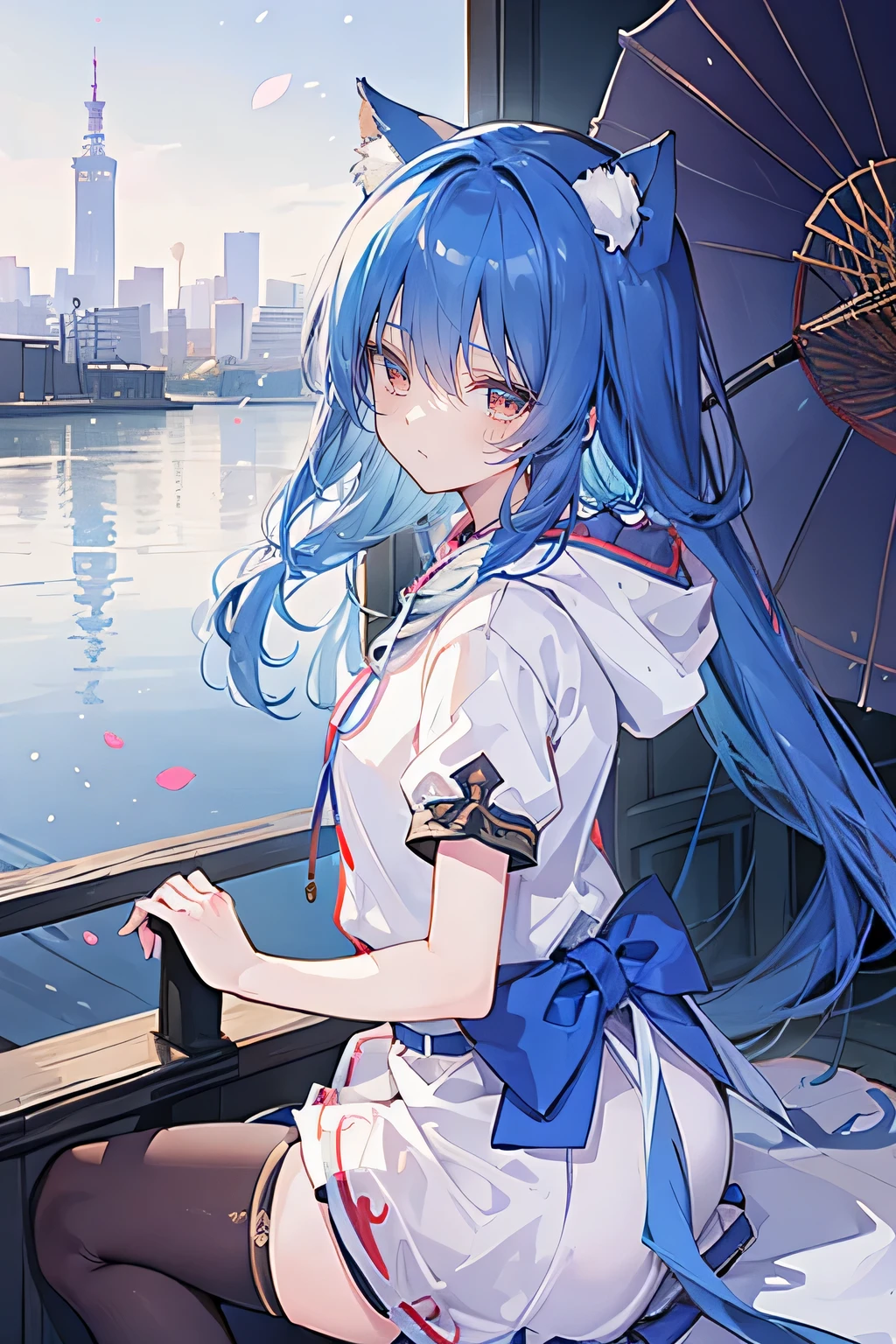(masterpiece:1.2),Super detailed,lifelike,Expressive eyes,fair skin,perfect face shape,1 girl,
Japanese comics,Gorgeous blue hair,flowing blue hair,flowing clothes,Cat ears,Petals fall,beautiful lola,Baby Angel,
Shaking head with one hand,Cross your legs,Gentle and peaceful background,The pavilion is cool and comfortable,smile, wearing hoodie, background of tokyo,back views,snowing, winter.