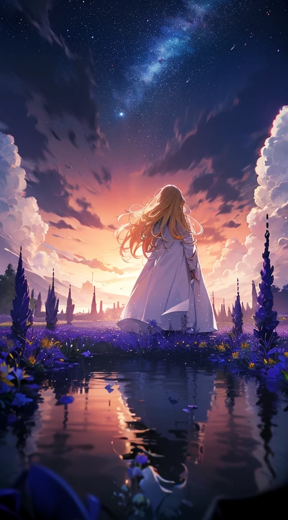 1people々々々々,Blonde long-haired woman,White long coat, Dress Silhouette, Rear View,Space Sky, Flower Field,Colorful flowers