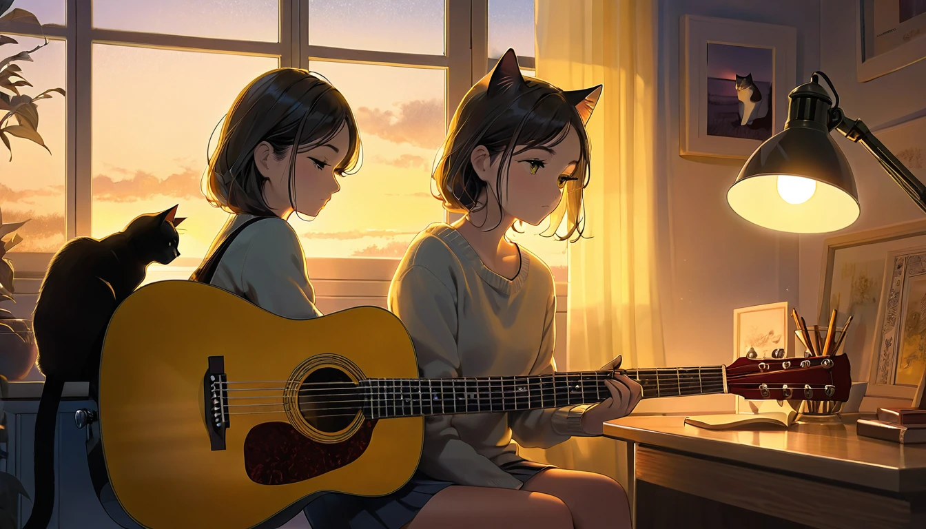 A dusk,
A girl sits in a cozy corner, guitar in tow.
The soft yellow light of a desk lamp illuminates her thoughtful expression, revealing deep concentration and a calm posture.
Her gentle gaze is comforting.
It adds to the quiet evening atmosphere, creating a peaceful and tranquil look,with cat.