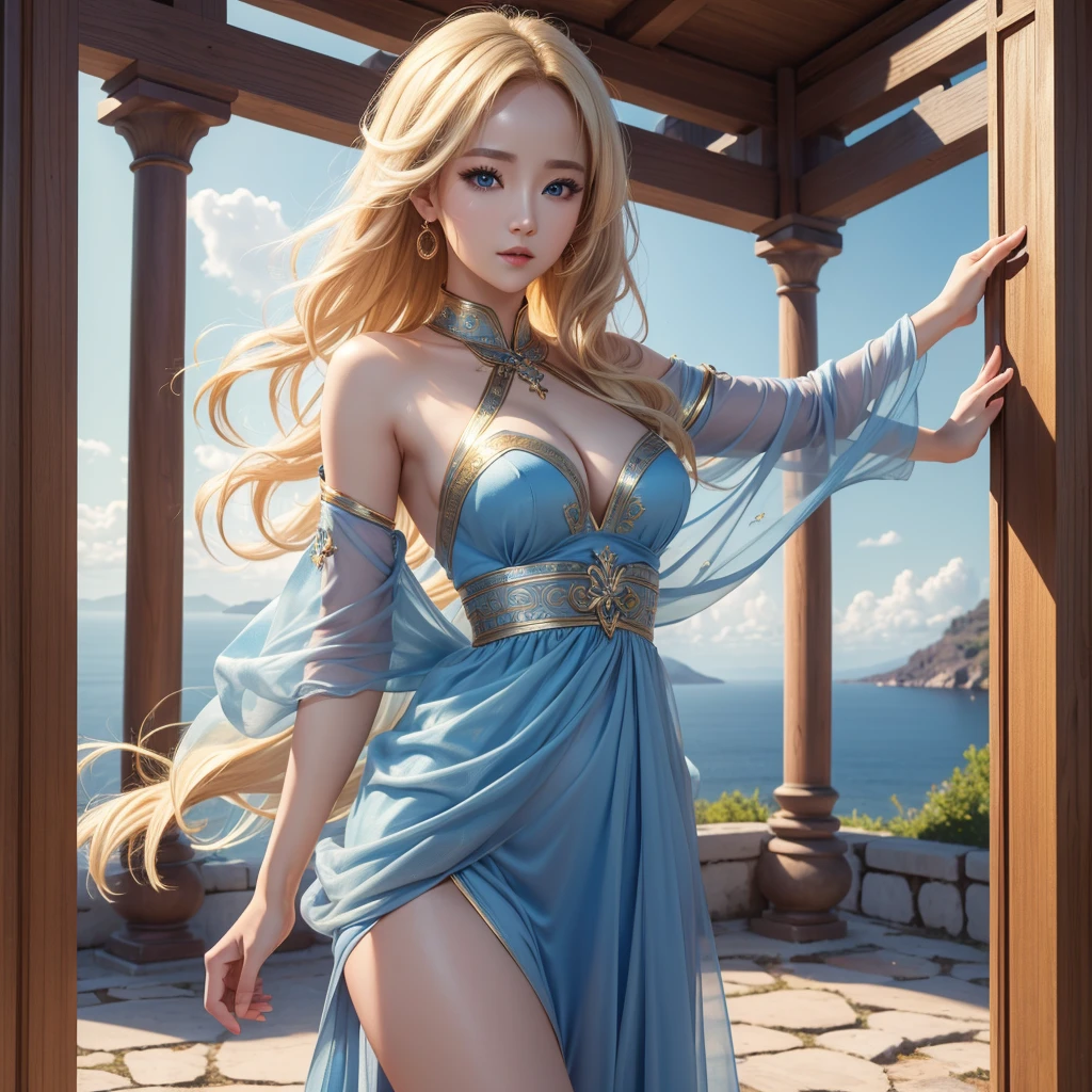 (best quality,4K,8k,high resolution,masterpiece:1.2),Super detailed, whole body, stand up, Blonde Greek woman, yangmi, promote, blue eyes, Women's shirts, jeans, For the audience, University campus, HDR, 8k, absurd, film alembic 800, Clear focus