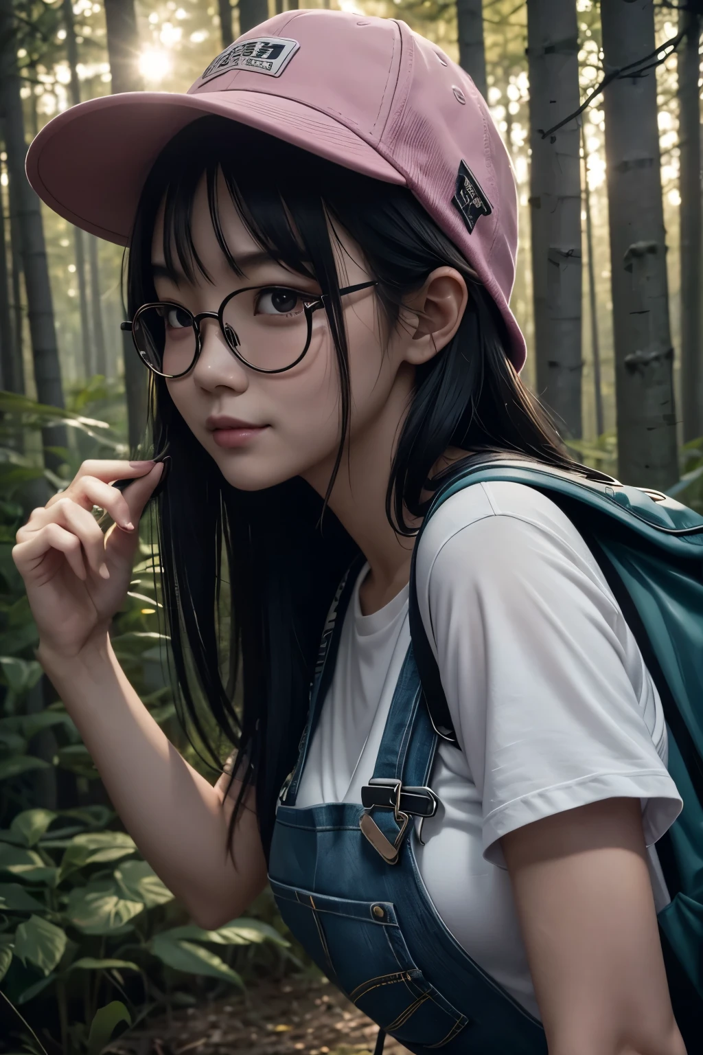 8k,Photorealistic RAW photos of the highest quality。so beautiful(Like the real thing顔) Bright colors、Image of a perfect woman,Art Station Trends、masterpiece、8k resolution、Character Art,Ultra-high resolution,,Mr..々Pause,charm,sexy,Rich colors, Backlight, Film Grain, to be born, 50mm lens, Nikon D850,compensate,Ultra-Realistic Skin,Rich colors, Backlight, Cinema Lighting, Film Grain, to be born, 50mm lens, Nikon D850,In a super realistic forest,Very large breastsの,so beautiful(Like the real thing),Ultra-high resolution,Like the real thing見える肌,Horror movie shot of spooky,Very long black hair, Sadako,so beautiful(Like the real thing),Three-part method, Tone color scheme, mystery, Horror, spooky, Denis Villeneuve style, Movie stills, Cinestill 800,Fantasy art,Character Art,sexyな,Scary Form,Grudge,dissatisfaction,Very large breasts,smile,Round Glasses,Pink T-shirt,Overalls,sneakers,hat(Wear backwards),Makeup,rucksack,hand,