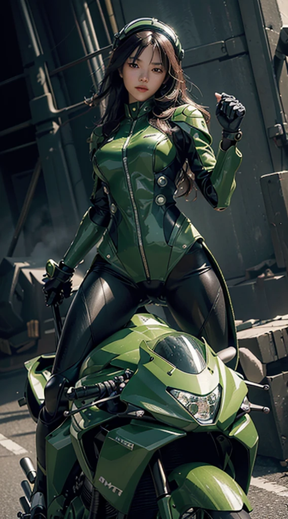 Highest image quality, outstanding details, ultra-high resolution, (realism: 1.4), the best illustration, favor details, highly condensed 1girl, with a delicate and beautiful face, dressed in a black and green mecha, wearing a mecha helmet, holding a directional controller, riding on a motorcycle, the background is a high-tech lighting scene of the future city.
