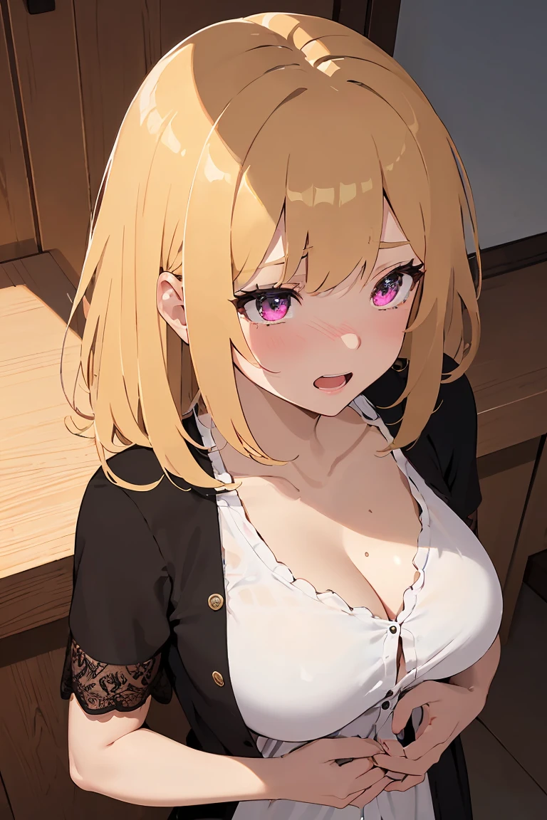masterpiece, absurdres, best quality, ultra detailed, high Resolution, detailed illustration, bright colour, (extremely beautiful detailed face and eyes, Delicate beautiful face, 1 girl, cute face:1.3), (magenta eyes:1.1), sparkling eyes, big eyes, medium , (perky breasts(pointy breasts:1.1), hips, glamorous body, white skin, BREAK, long bob cut, (blonde hair:0.8), messy hair, detailed hair, shiny hair, BREAK (buggy casual dress down blouse:1.5), perfect lighting, (embarrassed:1.5), (ecstasy, vulgarity:1.embling:0.8), Luxury party, from above,
