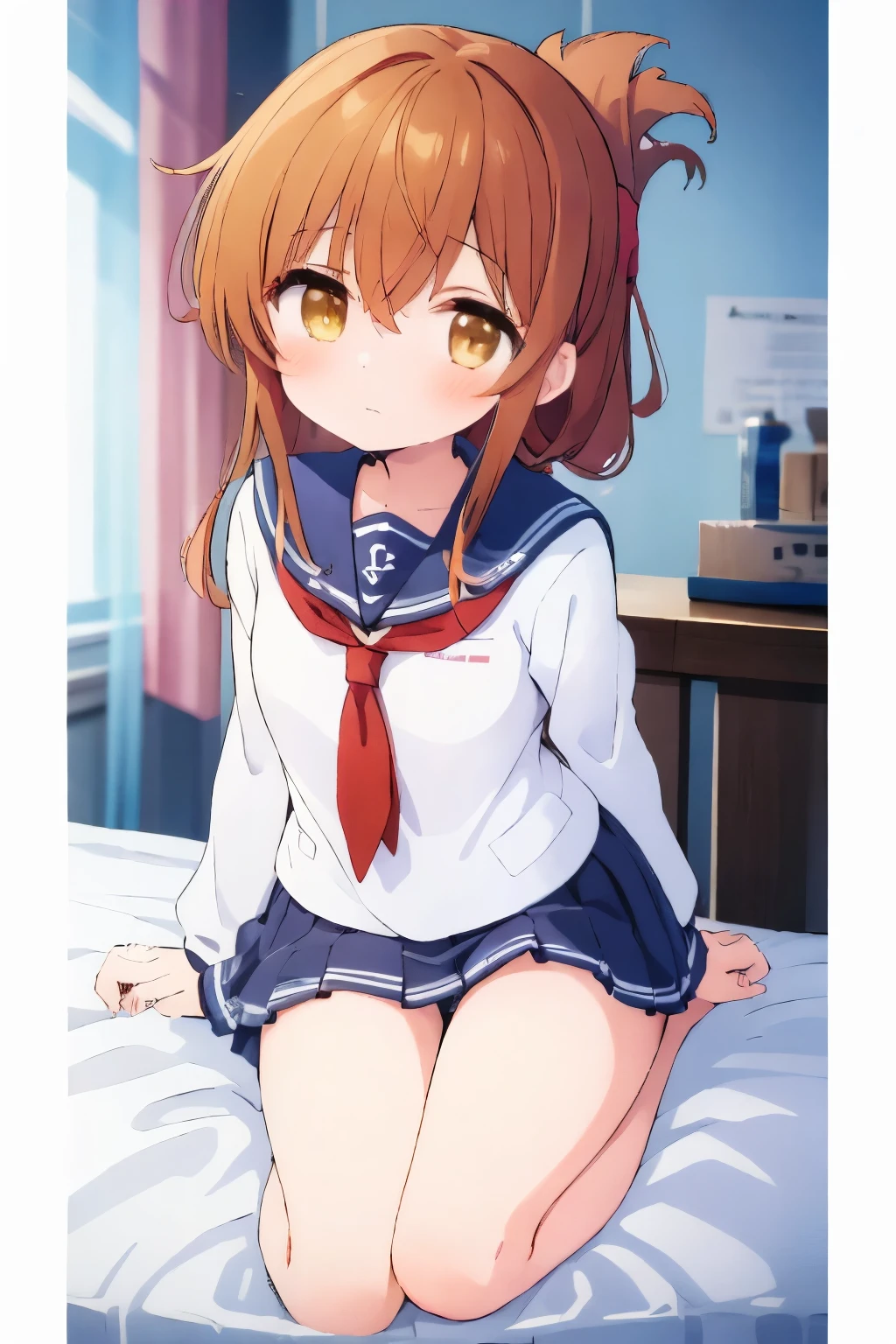 An unwell high school girl wearing a miniskirt sailor suit in the health room(masterpiece, best quality:1.2),illustration,8k,hd,1girl,solo,upper body,(portrait:1.2),brown_hair,folded_ponytail,brown_eyes,serafuku,long_hair,school_uniform,skirt,pleated_skirt,