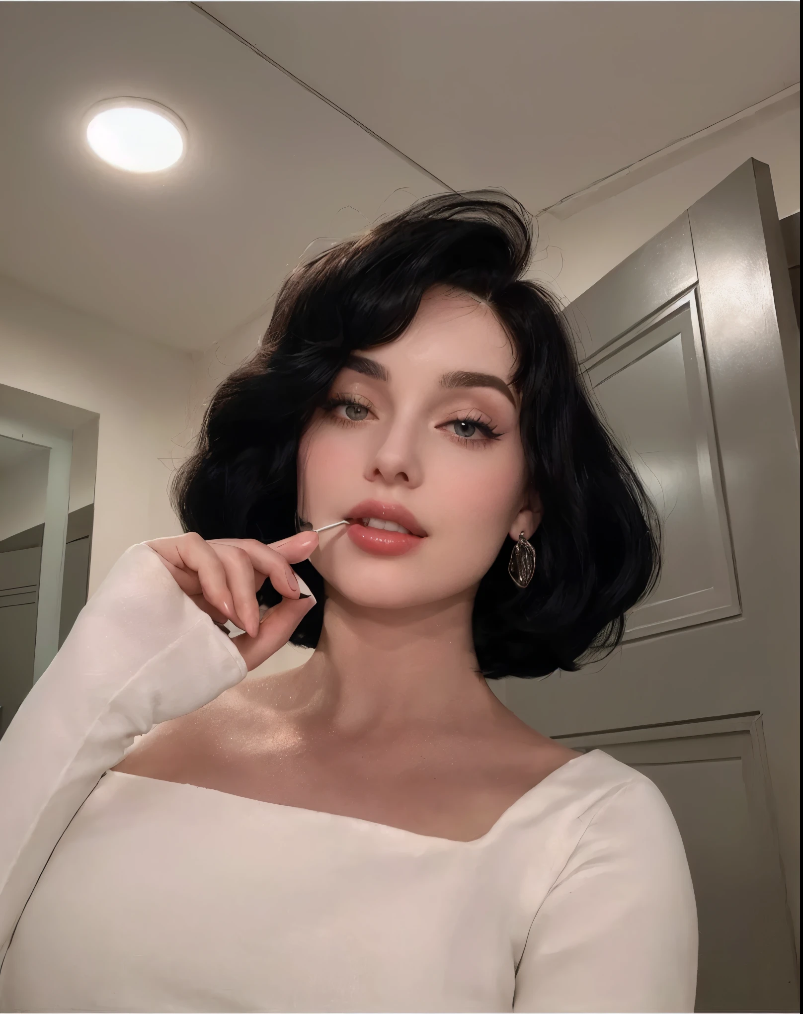 arafed woman with a white top and black hair brushing her teeth, 1950s vibes, bob cut hair, with short hair, young beautiful amouranth, curly middle part haircut, amouranth, bob haircut, short dark hair, black bob cut hair, dark pin-up style hair, bob cut, black bob haircut