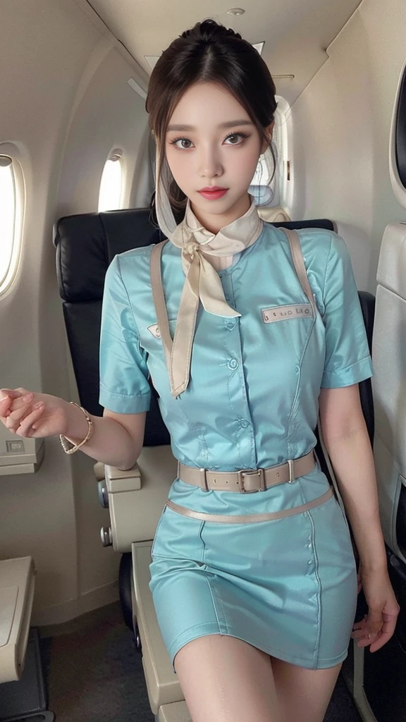  ((Incredibly stylish and beautiful)), ((really meticulous CG)), (realistic)、(intricate details:1.2)、(masterpiece、:1.3)、(top quality:1.4)、(Ultra A high resolution:1.2)、Ultra A high resolution, 8K resolution, Very detailed expression, studio soft light, vivid details, super detailing, complete anatomy, realistic skin texture, realistoc shading, (Highly detailed CG Unity 16k wallpaper), (High Quality), full body photo, 1 girl, (korean facial makeup : 1.4), beautiful: 1.3, a little smile, walking, ((crew cut, bun hair, flight attendant hair style)), perfect figure, femur, medium chest, Medium Body, Korean flight attendant, (Random colored Flight attendant uniforms),(Flight attendants in uniform), detail face, warm gaze, clear eyes, beautiful detailed eyes, small nose, small head, sky colored silk petit scarf, pure colored shiny pantyhose : 1.5, court shoes)), Serving passengers in the aisle of an airplane in flight, detailed background