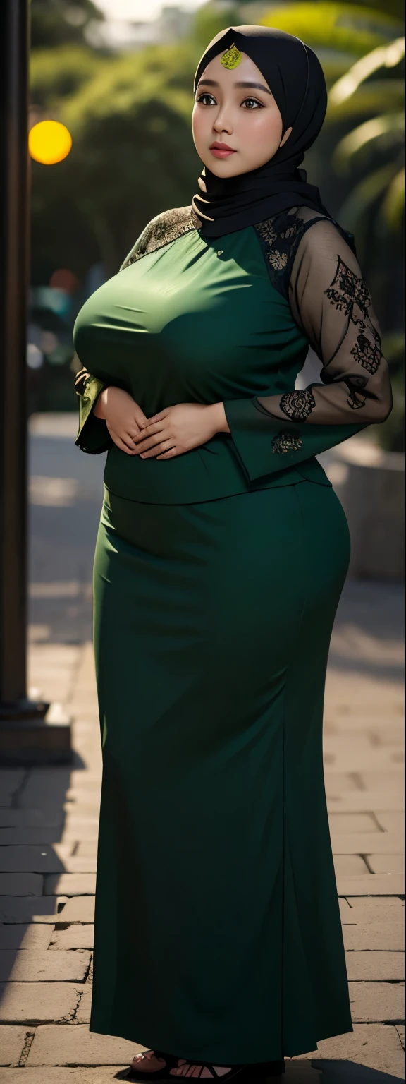 1 malay girl, modern plain hijab, shy, medium portrait, watery eyes, wearing dark green kebaya, ((big breasts)), black bokeh background, well-proportioned body,, chubby massive thighs, full body pose, Hena art on the body, hena art on , slightly fat body