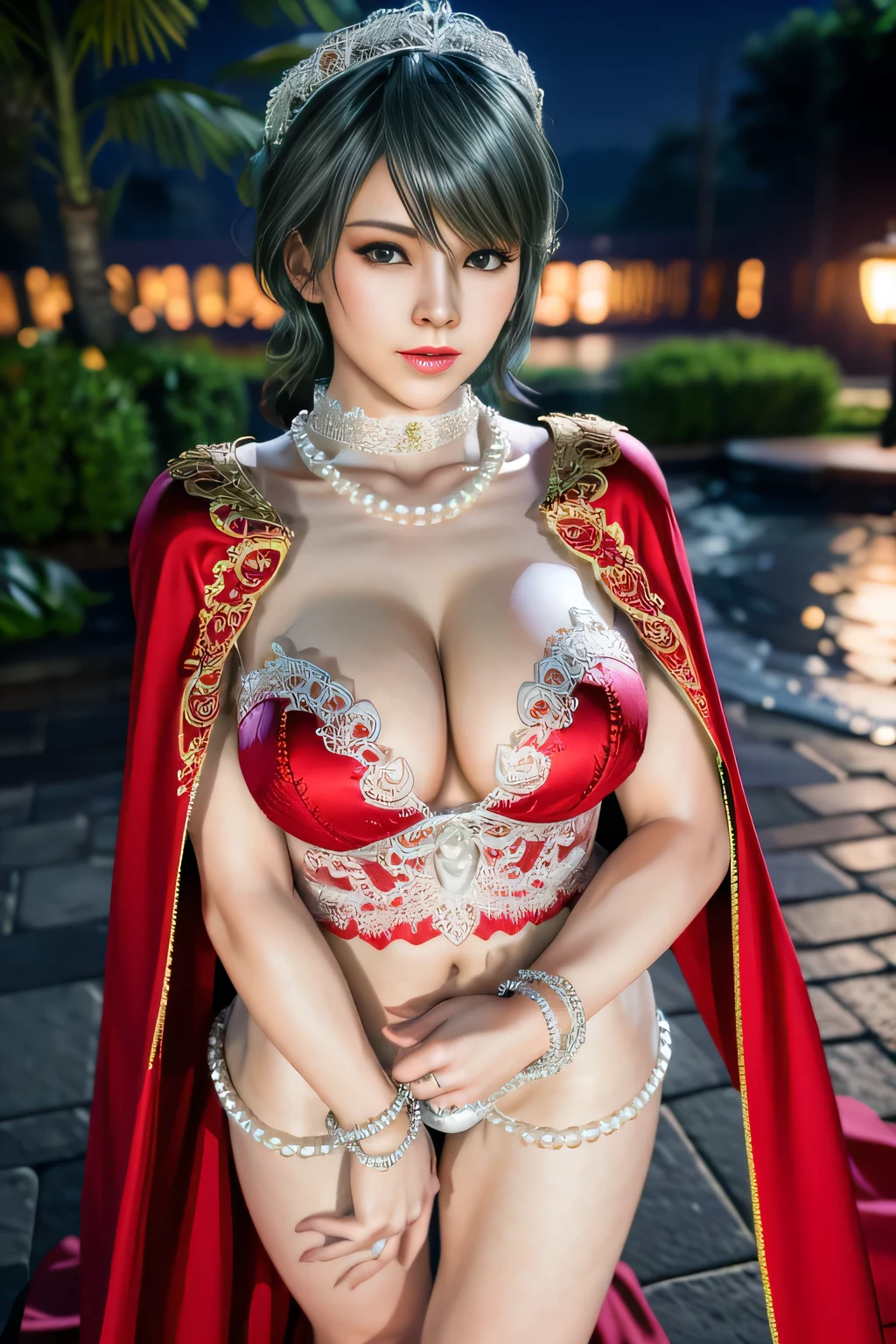 1 girl,lean over WINK,(Wearing Wedding Dress:1.2) ,(Wearing Jewel:1.2) ,( red lace_cloak:1.3),(Fluffs :1.4),(pearl bodychain:1.3),garden,nighttime,moon,( huge breasts ),cleavage,shiny skin,lip gloss,tattoos, masterpiece, best quality, realistic ,Surrealism,Rich artistic colors,natural colors art in 8k,3D,Portrait art,solo, tamaki