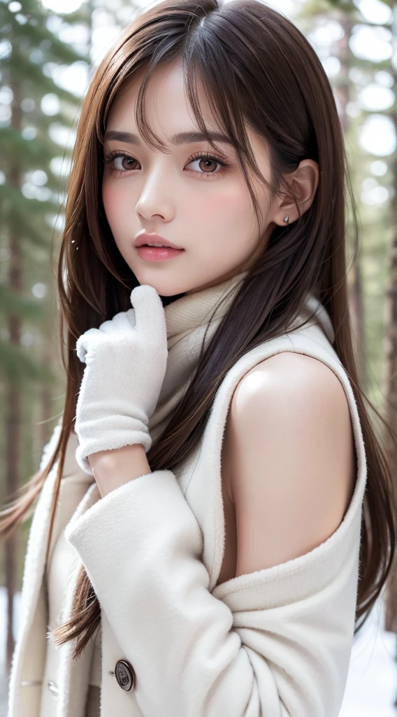 1 woman, (Face:1.5), Light brown hair, Bangs, hair behind ear, Shoulder-length hair, Long hair, Slender body type, Ultra-detailed face shape, Thin face, Delicate lips, (beautiful eyes:1.5), Thin blush, Eyes are light brown,Check it out here, Ultra-thin pointer, Ultra-thin fingers, The best ratio of four fingers and one thumb, (Realist:1.3), White long coat, scarf , Gloves、Snowy coniferous forest, It's snowing .One person's point of view, 8k, On the table, nffsw, Super Detail, high quality, best quality, high resolution,