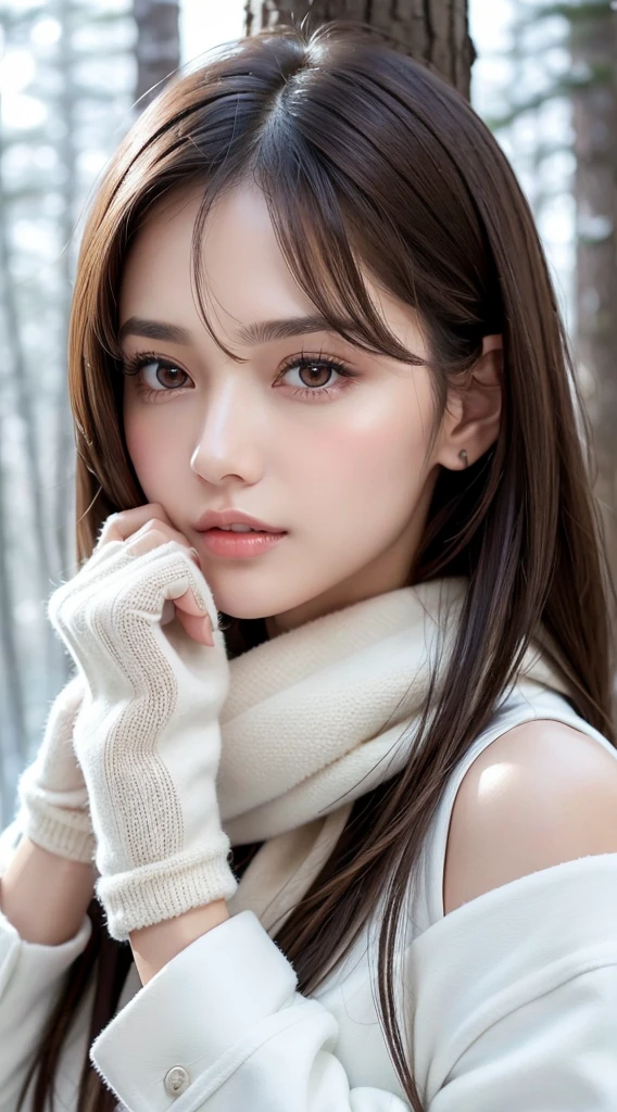1 woman, (Face:1.5), Light brown hair, Bangs, hair behind ear, Shoulder-length hair, Long hair, Slender body type, Ultra-detailed face shape, Thin face, Delicate lips, (beautiful eyes:1.5), Thin blush, Eyes are light brown,Check it out here, Ultra-thin pointer, Ultra-thin fingers, The best ratio of four fingers and one thumb, (Realist:1.3), White long coat, scarf , Gloves、Snowy coniferous forest, It's snowing .One person's point of view, 8k, On the table, nffsw, Super Detail, high quality, best quality, high resolution,