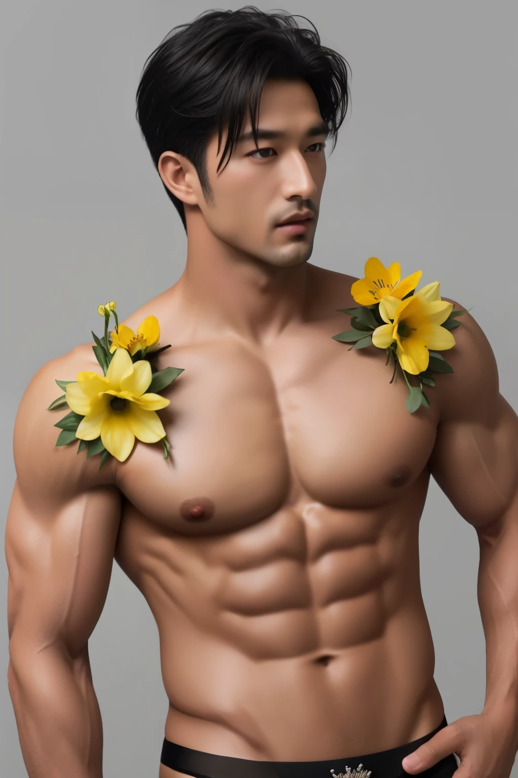 best quality,masterpiece,Ultra high detail,A handsome muscular man,Short black hair,topless,(Flowers on the shoulder),(With flowers in his black micro thong),realistic,Grey background,Yellow, violet and white flowers,