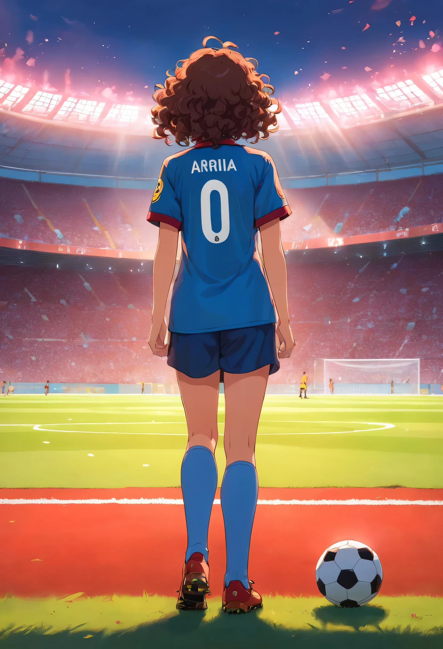A girl with curly hair on a soccer field turning her back admiring shared and that her Barcelona shirt says her name “Adriana” and her number is 10