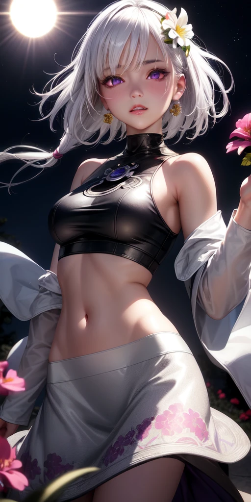 realistic, 1girl, white hair, purple eyes, glowing eyes, crop top, skirt, parted lips, blush, night, flowers, sun, sunlight,