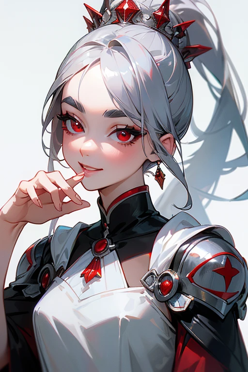(highest quality, masterpiece:1.2), High resolution, Very detailed, Realistic:1.37, Fantasy, An illustration,Gray Hair、 Red eyes、Queen, White Dress、Platinum decoration、beautifully、Eyeshadow Red、Thick eyebrows、Long eyelashes、pupils are black、shiny on the lips、Top Sites、Queen、Princess、ponytail、A kind smile、Show your teeth a little and smile、Soft impression、people々々々々々々々Loved by、Slimming the face、Shoulder Bare、sexy、