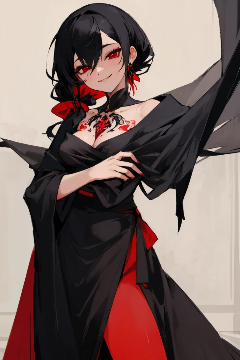((highest quality)), ((masterpiece)), (be familiar with),{{{nsfw}}},One female,Black Hair,Red eyes,Black Dress,Chest tattoo, Bewitching Smile,Heel,Black Hair,Hair tied around the neck,Black shawl