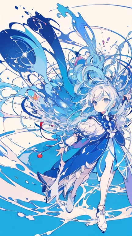 (masterpiece, highest quality, Official Art:1.2), (Flat Color:1.5),(colorful),modern art、Light blue hair、Bright Blue Eyes、Looking at the audience,((1 girl)),alone, White Background, floating colorful water,(2D:1.5) 