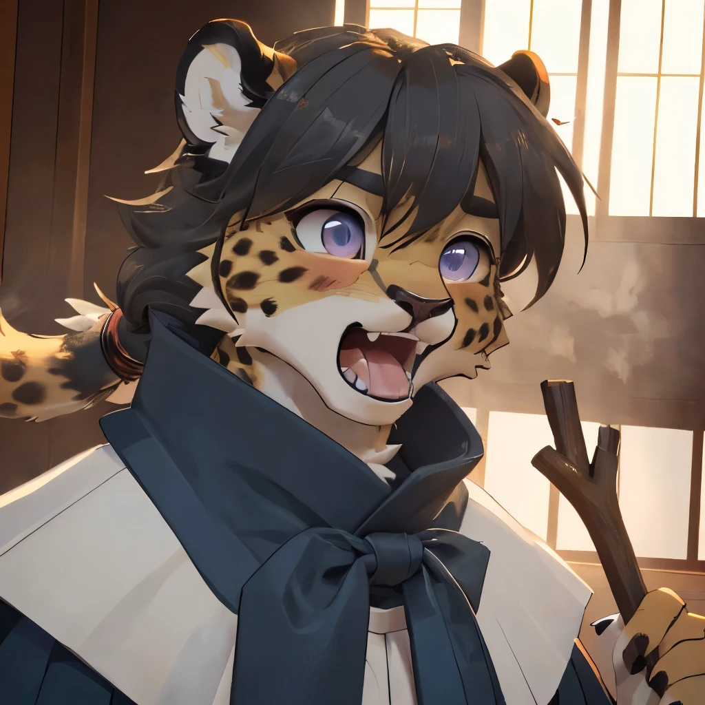 (masterpiece)，（Very detailed)，（best quality)，hairy，Cheetah，fur，s hair，Gray pupil，(Japan samurai attire)，((blue scarf》，（(Stick out your tongue and gasp》，（blush：1.1)，（（Cute expression》，8k，（high quality)，(Ultra HD)，（Super detailed)