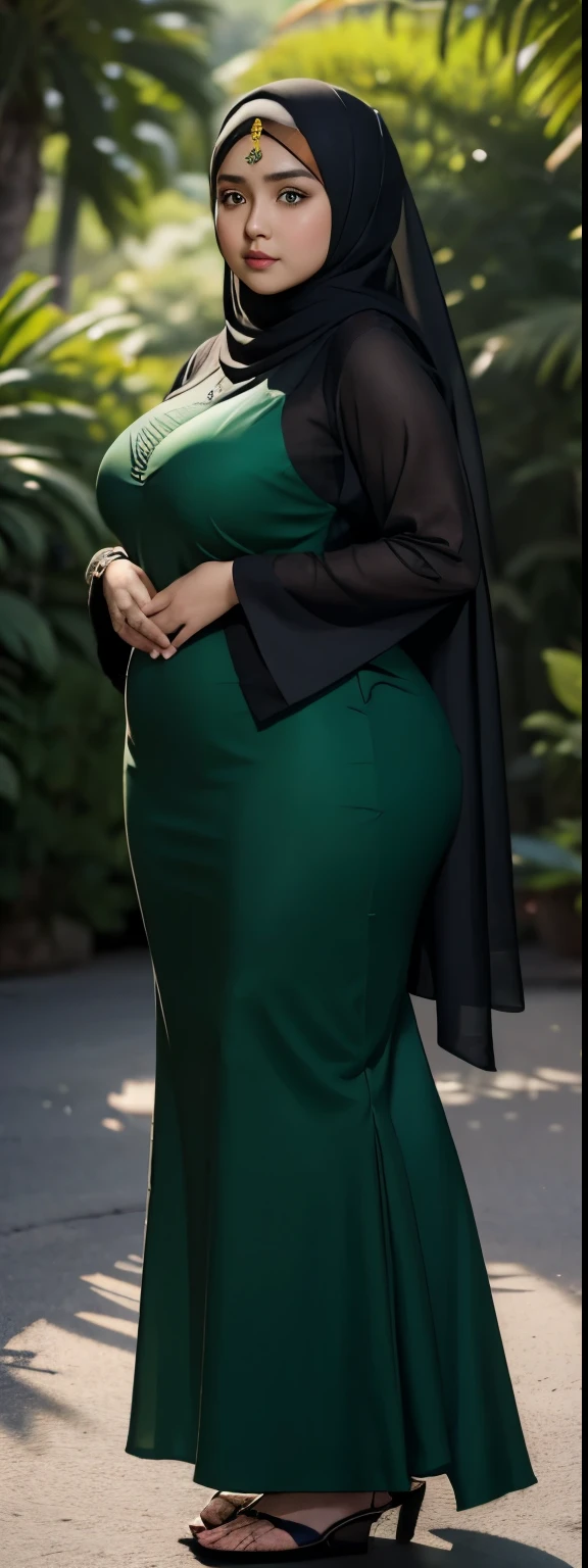 1 malay girl, modern plain hijab, shy, medium portrait, watery eyes, wearing dark green kebaya, ((big breasts)), black bokeh background, well-proportioned body,, chubby massive thighs, full body pose, Hena art on the body, hena art on full body, slightly fat body , voluptuous body , curvy body