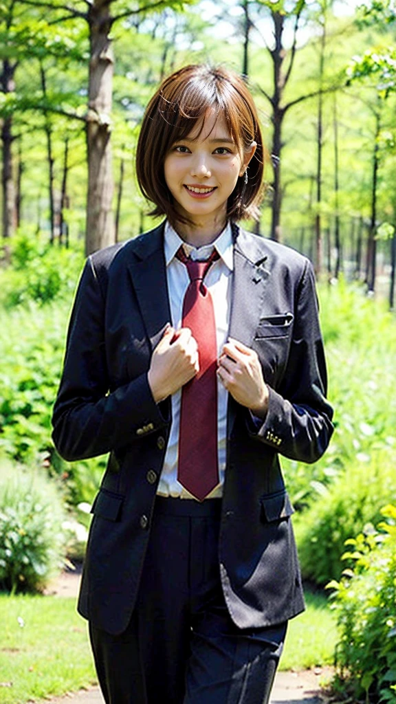 (8k、RAW Photos、highest quality、masterpiece:1.2)、(Realistic、Realistic)、1 girl、((Large black suit、Red tie、Wide Stride、Bow-legged、Touching the chest、Knead、smile、Medium Hair、View from the front、in the forest、Are standing))、Lots of eyelashes、Glowing eyelids、skeletally correct