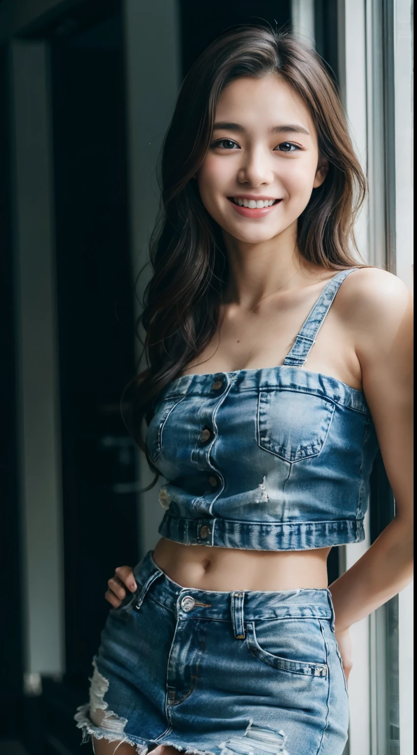 A very cute 20-year-old girl who looks as young as a 16-year-old idol, Smiling Kindly、Upper body naked, Denim mini skirt,Tha, Full body portrait, Natural light, Accurate, Anatomically correct, Textured skin, front lighting, f/1.0mm, fujifilm G FX 50R, Regina Display, Super Detail, Attention to detail, high quality, 最high quality, High resolution, Real、realism、Raw photo、Genuine、masterpiece、1080p, hard disk, 4K, 8k, Wavy Hair, ギThaヒロイン, Let's Rock, Naked solo singer,Live naked