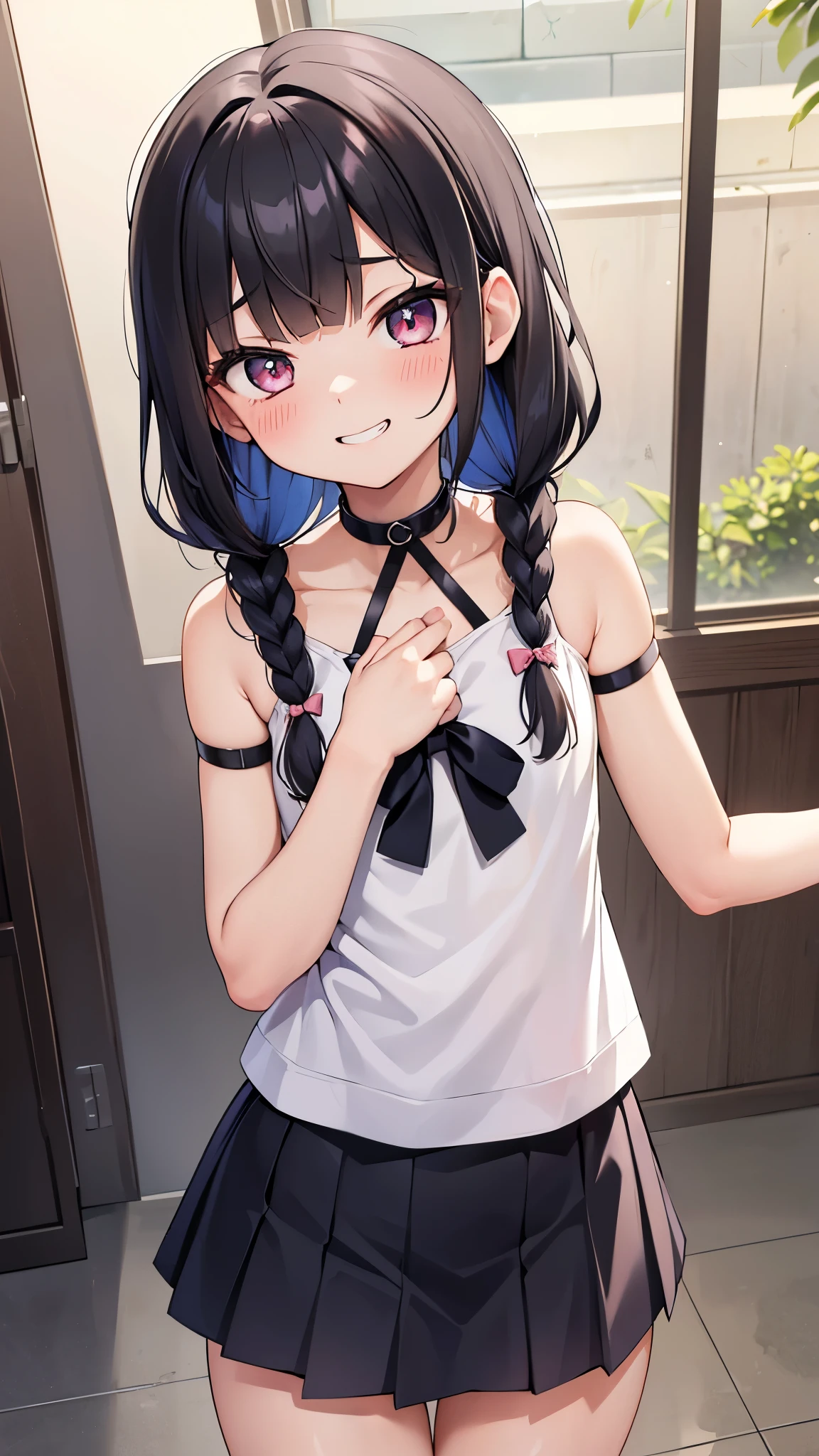 1 slim slender body juvenile junior idol cute lovable adorable tiny australian middle-school girl energetic, loose hair, shy smile, unique face, blacke hair, immature, childish, acting super shy, delicate, weak, loving romantic vibes, in love, small short height, preparing for mating, dwarf girl noble, short slim legs, mischievous, soft babyfaced gentle happy looking face, carefree, unblemished skin, otaku student president, grin, braids hairstyle, naughty, teasing, awkward short girl, pitite lityle dainty diminutive, shougakusei shoujo, excited, hyperactive girl, skirt, small shoulders, slim arms, acting spoiled, sch0olgirl bangs, fashion trendy beautiful beautiful beautiful girl, gentle and attractive beautiful girl, 10 years oldollarbone, Attractive oval face, double eyelids, smart peach blossom eyes, pink lips, small nose, bare shoulders, ultra high definition, super detail, fresh and impressive, perfect hands