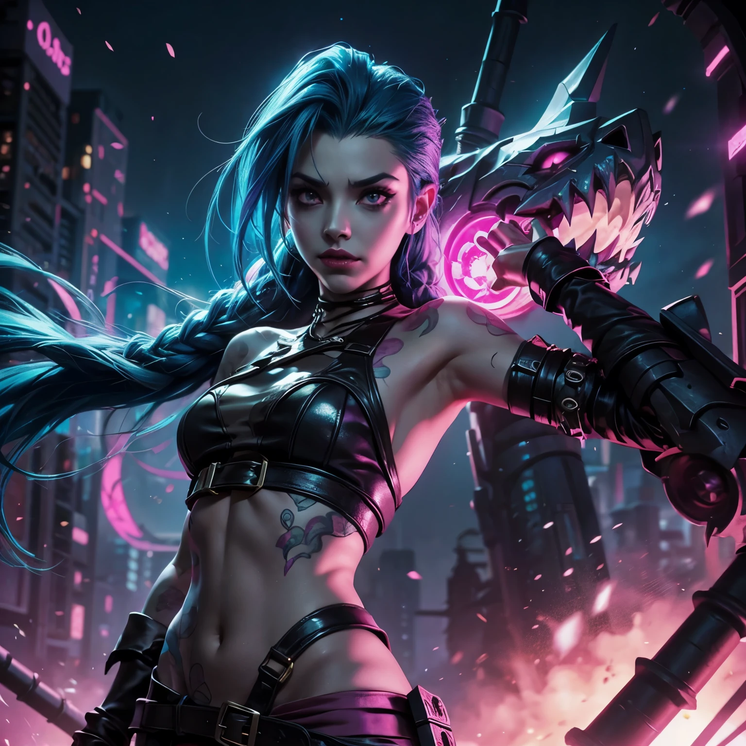 jinx de league of legends, ciudad dark colors, pink. cinematica. hd