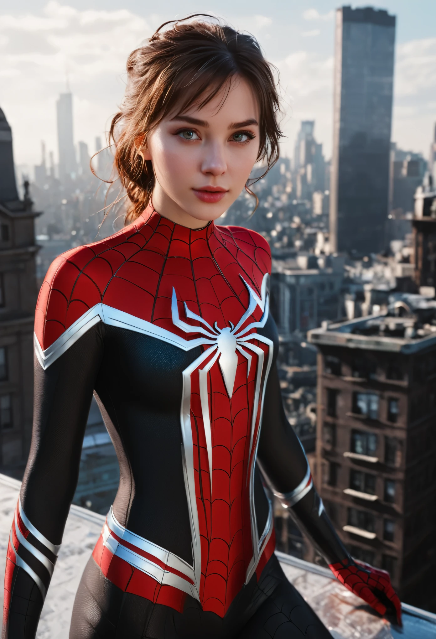 (1girl:1.3), Solo, (((Very detailed face)))), ((Very detailed eyes and face)))), Beautiful detail eyes, Body parts__, Official art, Unified 8k wallpaper, Super detailed, beautiful and beautiful, beautiful, masterpiece, best quality, original, masterpiece, super fine photo, best quality, super high resolution, realistic realism, sunlight, full body portrait, amazing beauty, dynamic pose, delicate face, vibrant eyes, (from the front), She wears Spider-Man suit, red and black color scheme, spider, very detailed city roof background, rooftop, overlooking the city, detailed face, detailed complex busy background, messy, gorgeous, milky white, highly detailed skin, realistic skin details, visible pores, clear focus, volumetric fog, 8k uhd, DSLR, high quality, film grain, fair skin, photo realism, lomography, futuristic dystopian megalopolis, translucent