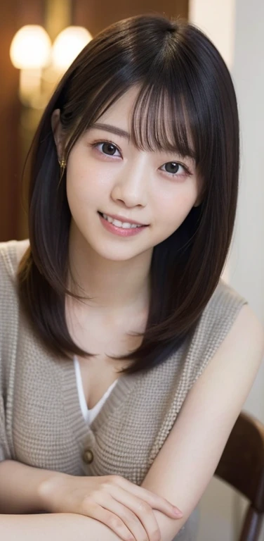 ((masterpiece)), ((highest quality)), (Very detailed), ((Very detailed)), 4K, (8k), highest quality, (beautiful), Genuineistic, Genuine, Dynamic Angle 0, Front view of a young and cute Japanese girl ,city, Gorgeous appearance ,Long Bob Hair ,1 girl, alone, ＶNeck sweater, Grey checked mini skirt, Brown boots, ((beautiful eyes)), Large Breasts、A little bit of cleavage is visible、 Big smile, Very cute face, Glossy Lips, Double eyelids on both eyes, Long eyelashes ,Natural Makeup, shiny smooth light brown hair of Long Bob Hair, Asymmetrical bangs, High resolution, Attention to detail, Detailed hairstyle, Detailed face, Cinema Lighting, Octane Rendering, hyper Genuineistic, Perfect limbs, Perfect Anatomy