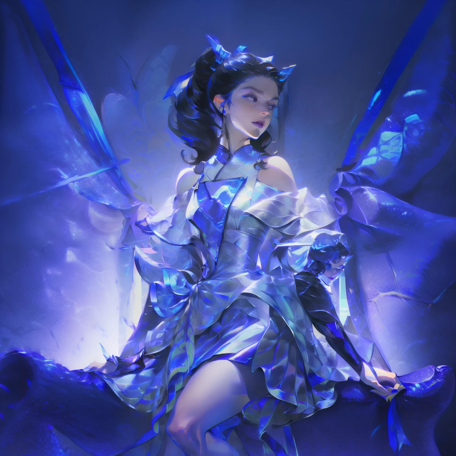 masterpiece, top quality, high resolution, Very detailed, Detailed background,(Lauren Chrome, (Black Hair, Semi-long hair, Ponytail Blue Ribbon),(White shirt, Blue short ribbon tie, Blue long skirt), small, Neat, black eyes,study, Gentle smile), Horizontal Scaling, Chic study room, vase