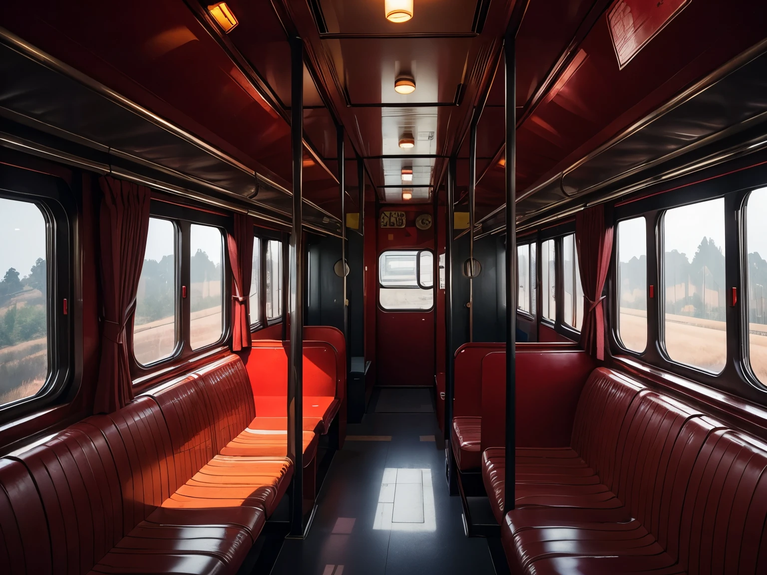 Photo from inside an oversized train car，red picture，Hell and Chinese Taoist elements，feeling of joy，Industrial era train carriages，There are several ghosts sitting leisurely on the seats，Very artistic，It feels like you are driving