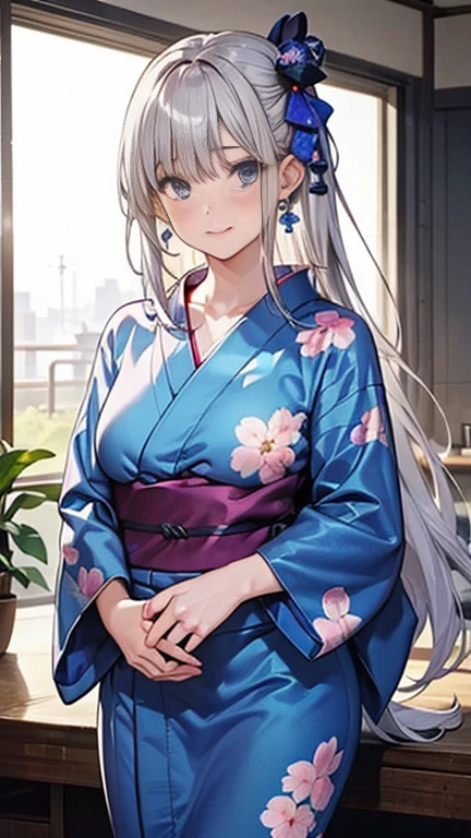 ((highest quality)), ((masterpiece)), (Very detailed), (Very high resolution), 4k, Anime 2D Rendering, Realistic, 
One Girl:1.5, 
BREAK Symmetrical Face:1.4, Perfect Face, Beautiful clavicle, Beautiful fingers, Beautiful breasts, (Slightly smaller chest), 
Beautiful body, Beautiful thighs, Beautiful feet, Perfect round butt, (Detailed skin), Beautiful white skin:1.5, Shiny skin:1.4, 
BREAK Baby Face, cute, 18-year-old, 
Double eyelids, Natural eyebrows, 
(Slanted Eyes), Beautiful and delicate eyes, Sparkling eyes, (Dark blue eyes), 
Glossy mouth, 
BREAK Beautiful Hair, Shiny Hair, Hair fluttering, bangs, (Silver Hair), ((Straight Long Hair:1.5)), 
BREAK 

(Light blue yukata:1.4、Floral Yukata:1.4)、
Earrings、
BREAK 

(Embarrassed), Cowboy Shot, Turn your body to the viewer,Fireworks display
