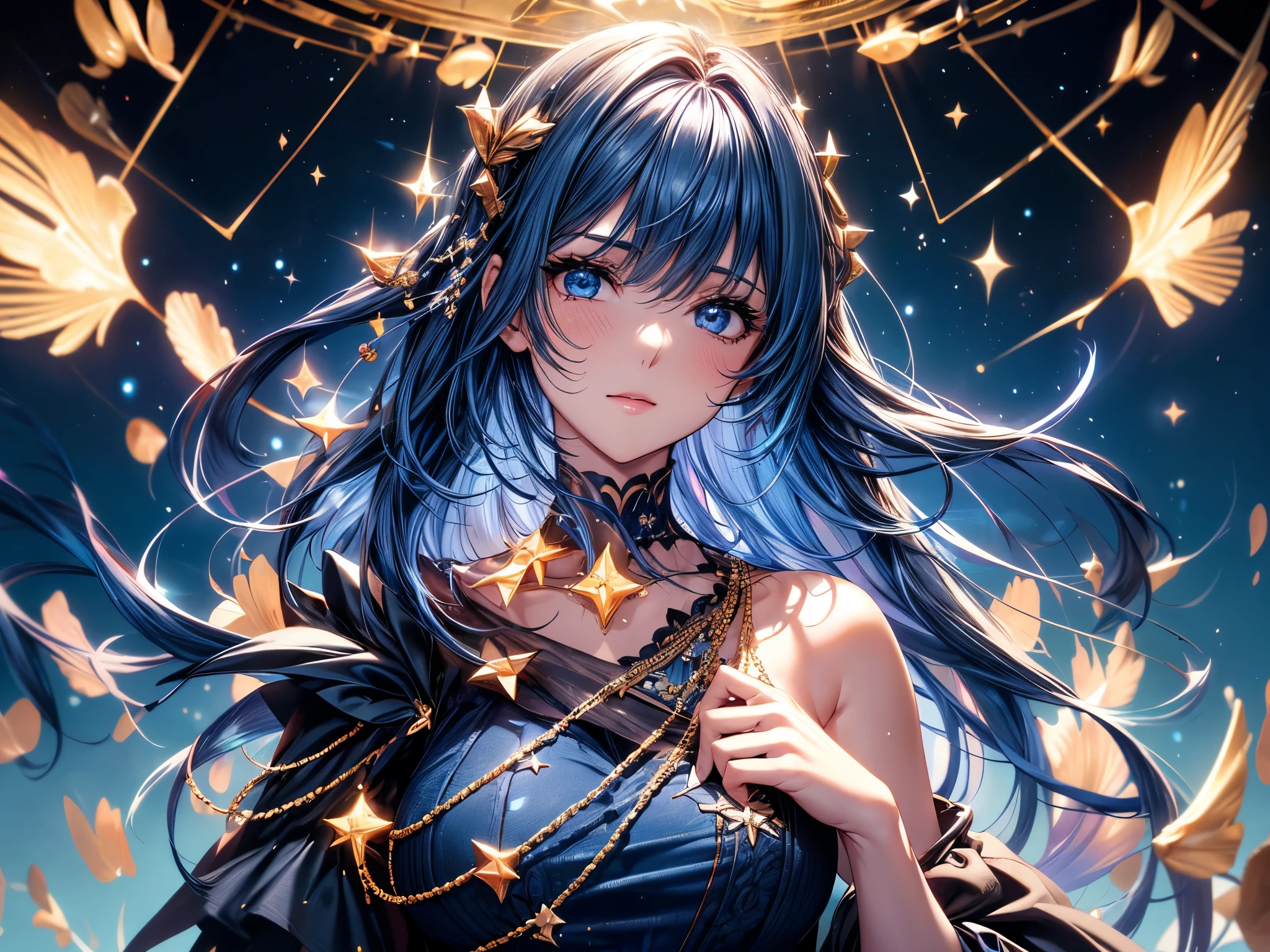( absurd , high quality , Super detailed, Be careful with your hands )Constellation-Sagittarius Goddess , similar to latin goodness . optimistic, fair, Funny and intelligent face . reckless, ruthless, impatient, Overconfident style . Deep blue eyes (Eye details) , Dark blue hair，shining , Sheer dress , In the starry sea , whole body , Fire , Chiron, Octane Render